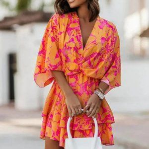 Floral Print Dolman Sleeve Ruffle Mini Dress in Orange / Pink Size XL NWOT